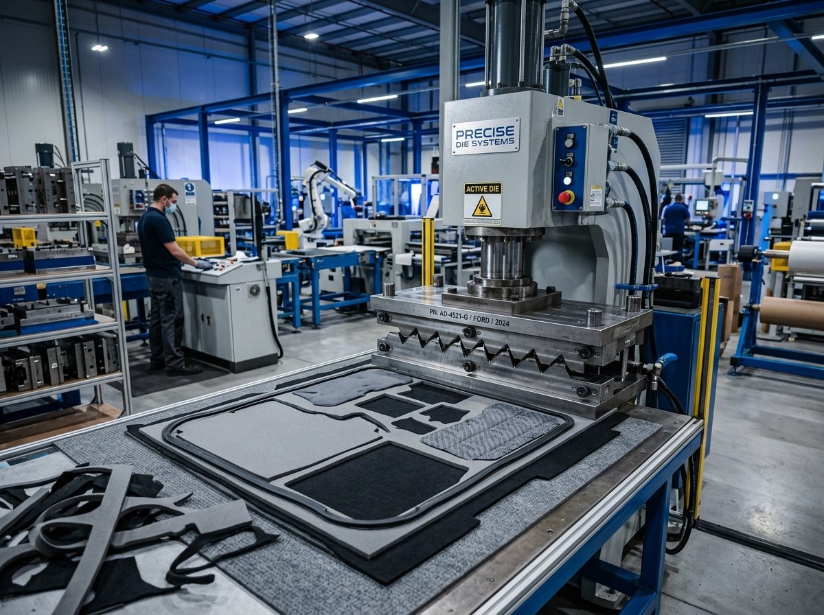 Matrizes de corte para o setor automotivo operando em balancim industrial com cortes de vedação e feltro acústico
